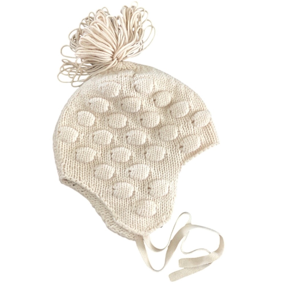 PRADA Wool +Cashmere Beanie Women's OS Cream Bobble Knit Pom Pom Tie ITALY EUC